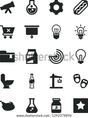 Solid Black Vector Icon Set - incandescent lamp vector, folder bookmark, shoes for little children, cogwheel, toilet, crossed cart, package, Hot Dog, chicken, bottle of soda, jar jam, bulb, light