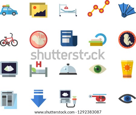 Color flat icon set scatter chart flat vector, news, hospital bed, ultrasound, helicopter, embryo, tomograph, car fector, bicycle, sun protection cream, flippers, jingle, gallery, download, eye