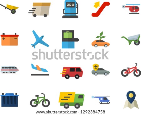 Color flat icon set wheelbarrow flat vector, refueling, accumulator, eco cars, autopilot, trucking, express delivery, helicopter, bicycle, aircraft fector, train, escalator, baggage claim, arrival