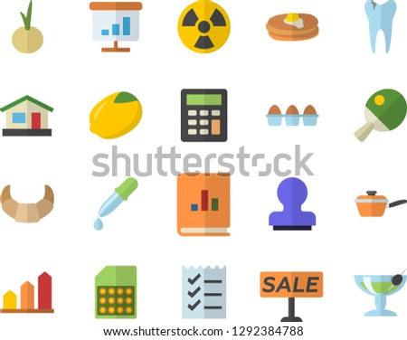 Color flat icon set saute flat vector, lemon, pancakes, croissant, egg, onion, house, radiation, SIM card, book balance accounting, sell out, pipette, caries, chart, calculator, to do list, stamp
