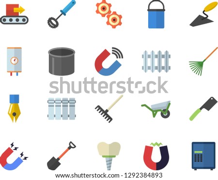 Color flat icon set trowel flat vector, wheelbarrow, heating batteries, boiler, hiking pot, whisk, knives, shovel, rake, conveyor, pipe production, magnet, radiator, implant, ink pen, cogwheel