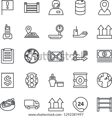 Thin Line Icon Set - navigation vector, earth, important flag, cash, traffic light, office phone, 24 hours, support, sea shipping, car delivery, receipt, port, container, clipboard, up side sign