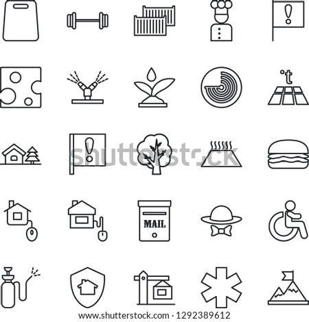 Thin Line Icon Set - disabled vector, radar, tree, garden sprayer, ambulance star, barbell, important flag, cargo container, house with, mailbox, crane, cook, dress code, hamburger, cutting board