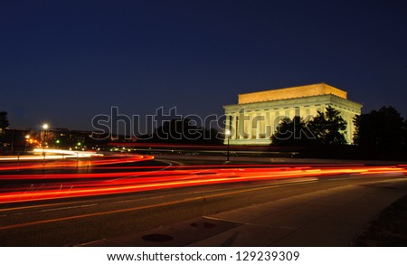 Light trails at dusk near Lincoln Memorial, National Mall. Washington, DC