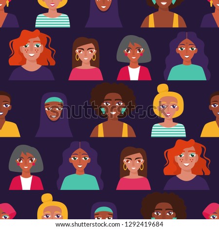 International Women's Day. Seamless vector pattern with women characters