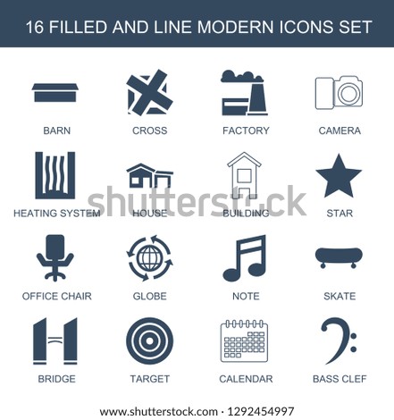 modern icons. Trendy 16 modern icons. Contain icons such as barn, cross, factory, camera, heating system, house, building, star, office chair. modern icon for web and mobile.