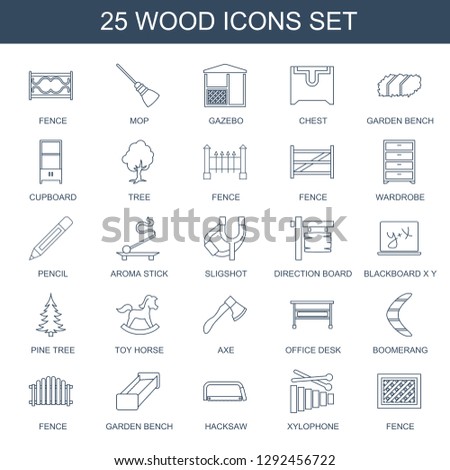 25 wood icons. Trendy wood icons white background. Included line icons such as fence, mop, gazebo, chest, garden bench, cupboard, tree, wardrobe. wood icon for web and mobile.