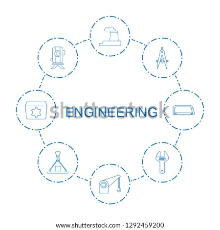 8 engineering icons. Trendy engineering icons white background. Included line icons such as factory, cargo crane, compass, level equipment. engineering icon for web and mobile.