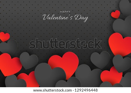 Happy Valentine's Day lettering Vector illustration with  Beautiful Heart! Abstract paper art 3D Hearts on black gradient background. 