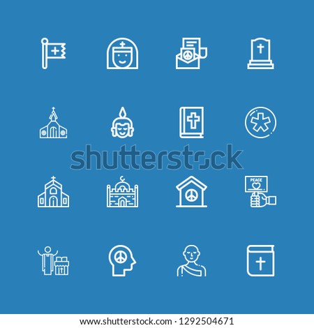 Editable 16 faith icons for web and mobile. Set of faith included icons line Bible, Monk, Peace, Priest, Mosque, Church, Diaspora, Buddha, Tombstone, Nun, Christian on blue background