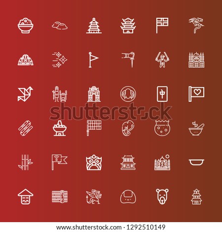 Editable 36 asia icons for web and mobile. Set of asia included icons line Japanese castle, Camel, Onigiri, Dragon, Sushi, Chinese, Bowl, Taj mahal, Dojo, Flag, Bamboo on red