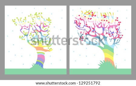 two card templates with curly rainbow trees