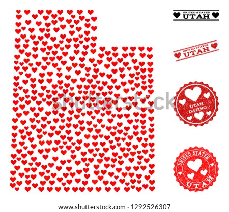 Collage map of Utah State formed with red love hearts, and grunge stamp seals for dating. Vector lovely geographic abstraction of map of Utah State with red dating symbols.