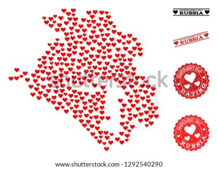 Collage map of Krasnodarskiy Kray formed with red love hearts, and rubber watermarks for dating. Vector lovely geographic abstraction of map of Krasnodarskiy Kray with red romantic symbols.