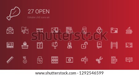 open icons set. Collection of open with scissors, mailbox, folder, lockers, wedding gift, key, chocolate, book, lock, reading, window, supermarket. Editable and scalable open icons.