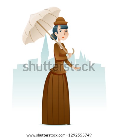 Victorian Lady Wealthy Businesswoman Cartoon Character Icon on Stylish English City Background Retro Vintage Great Britain Design  Illustration