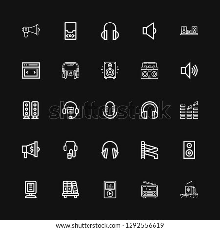 Editable 25 volume icons for web and mobile. Set of volume included icons line Radio, Ipod, Bookshelf, Announcer, Woofer, Slider, Headphones, Audio guide, Megaphone on black background