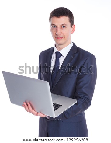 Business man working with a notebook. Isolated white background