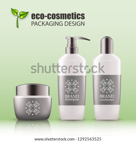 Set of realistic white glass bottles, silver cap for eco-cosmetic with line logo. Empty package for haircare cosmetic - shampoo, conditioner, hair mask. Blank template, vector mockup for ads, magazine