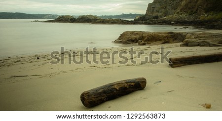 Wooden trunks abandoned on the shore of a lonely beach, under a cloudy sky the region of Galicia in Northwest Spain. Water silky effect in the water over the rocks. Picture taken using long exposure t