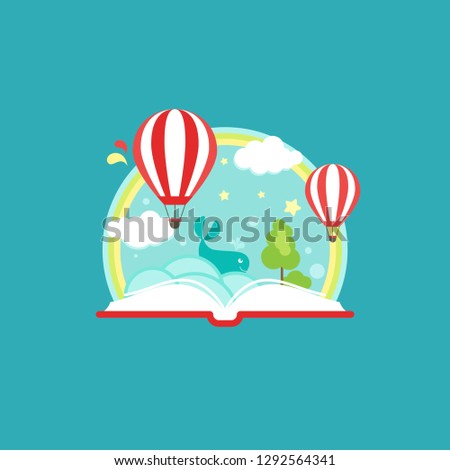 Open book with air balloons, clouds, rainbow and stars. Isolated on blue background. Vector flat illustration. Magic fairytale reading logo. Imagination and inspiration picture. Fantasy. Creative kids