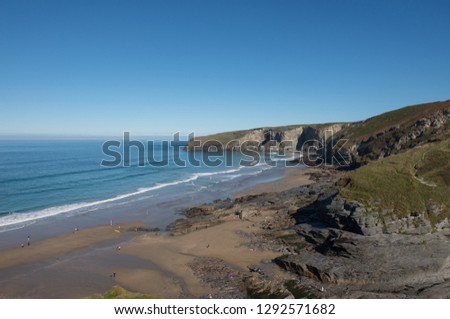 Panoramic View of the Beach, Coastline and Seaside Village of  Trebarwith Strand on the South West Coast Path between Tintagel and Port Isaac in Rural Cornwall, England, UK