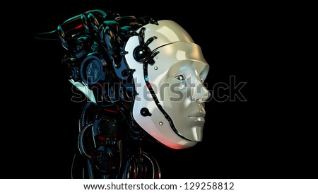 Cyborg human-like robotic head in profile. 3d render