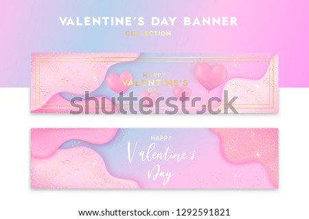 Valentine's day trendy bright horizontal banner set. Pink liquid shapes with gold glitter and confetti background. Sale coupon, advertising label, promo website ad for 14 february. Love heart balloons