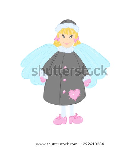 little doodle-style angel hand-drawn. Angel in a coat and hat. Vector illustration