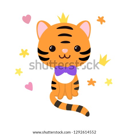 Kawaii cute striped tiger character with  purple bow and crown on his head. Simple clean cartoon vector design.