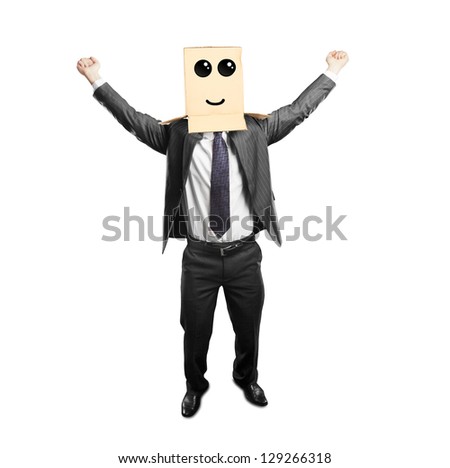 happy man with a box on head with smile
