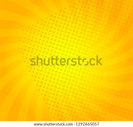 Sunburst on yellow background with dots. Template for your design, concept of hot summer. Spiral sun rays.Vector illustration.