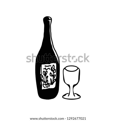 Bottle of wine, glass. Doodle, sketch, hand drawing. illustration