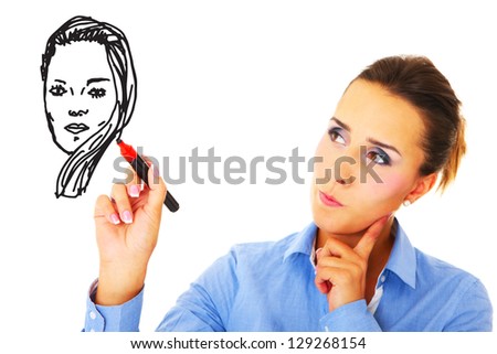 A picture of a young woman drawing her self-portrait over white background