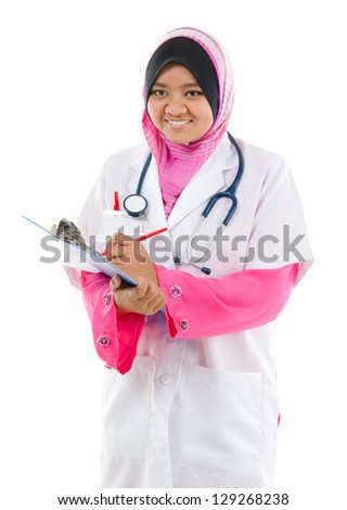 Southeast Asian Muslim medical student. Young medical doctor woman standing isolated on white background.