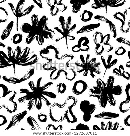 Seamless pattern with abstract flowers, leaves and amorphous shapes. Vector grunge organic texture. Modern monochrome background. Ornament for printing on fabric, paper and wed design.