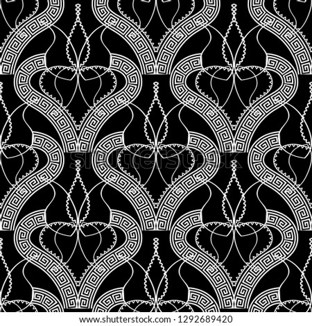 Elegant black and white greek vector seamless pattern. Ornamental vintage Damask background. Repeat abstract backdrop. Line art tracery hand drawn elegance design. Ancient greek key meanders ornament.