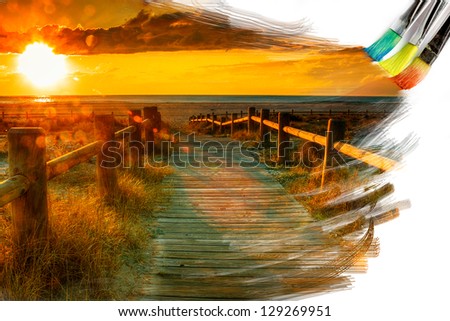 artist brush painting picture of beautiful sunset landscape