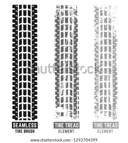 Automobile and motorcycle tire tracks elements with seamless brush. Grunge automotive addon useful for poster, print, brochure background design. Editable vector illustration in monochrome colors.