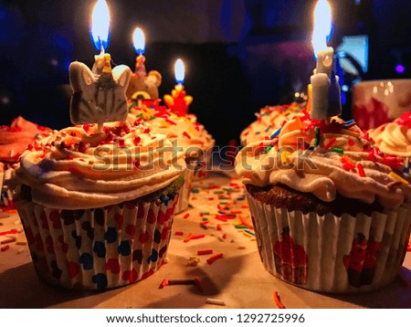Beautifully issued cupcakes covered with whipped cream with decorative sprinkling and the burning candles. Cupcakes for birthday party.