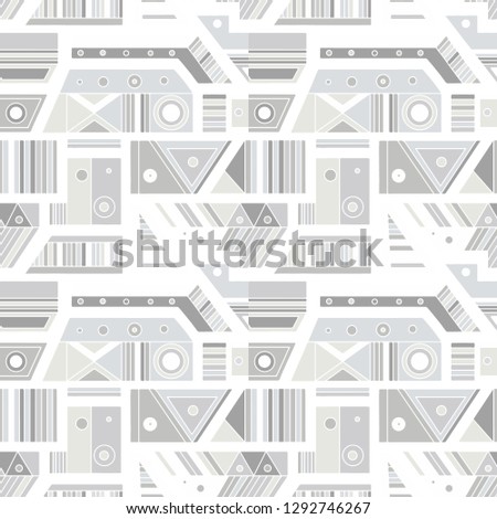 Geometric vector seamless grey pattern with different geometrical forms. Square, triangle, rectangle, lines, dots. Modern techno design. Abstract background. Graphic vintage Illustration, retro style