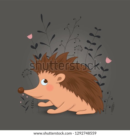 Gift postcard with cartoon animals hedgehog. Decorative floral background with branches and plants.