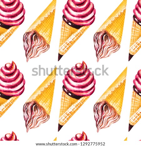 Watercolor illustration of ice cream. Seamless pattern