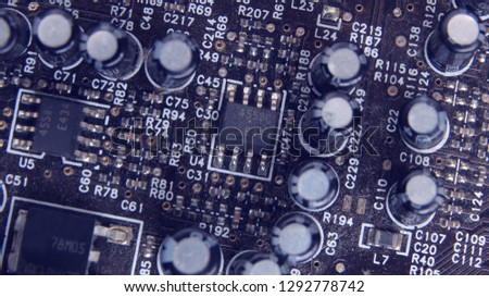 Computer motherboard, electronic components on circuits board, printed electronic board(PCB). Close up of Electronic Circuits in Technology on Mainboard(Main board,cpu motherboard,system board or mobo