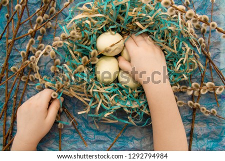 a paper nest with three eggs with a kid's arms holding it and willow branches around them on a blue background