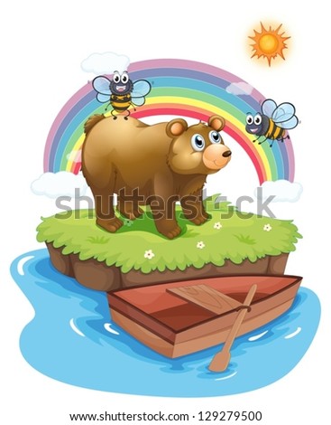 Illustration of the bear and bees in an island on a white background