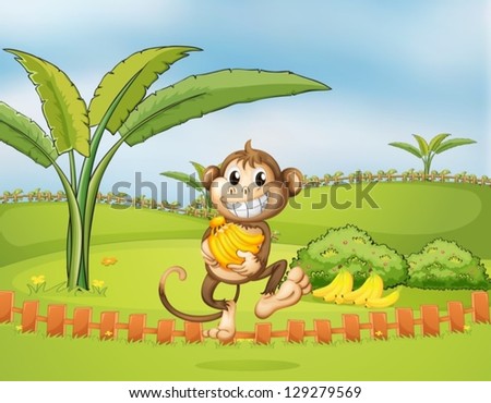 Illustration of a monkey running away with bananas