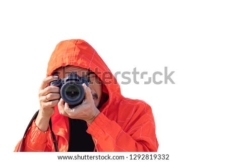 Isolated Hand man holding the camera Taking pictures on a white background with clipping path.