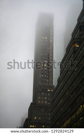 New York City in Fog Skyscraper Building Night