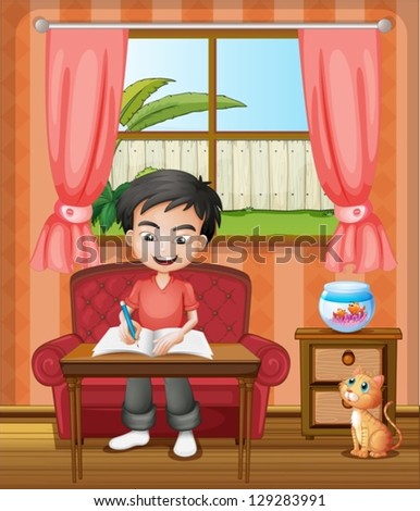 Illustration of a young boy writing